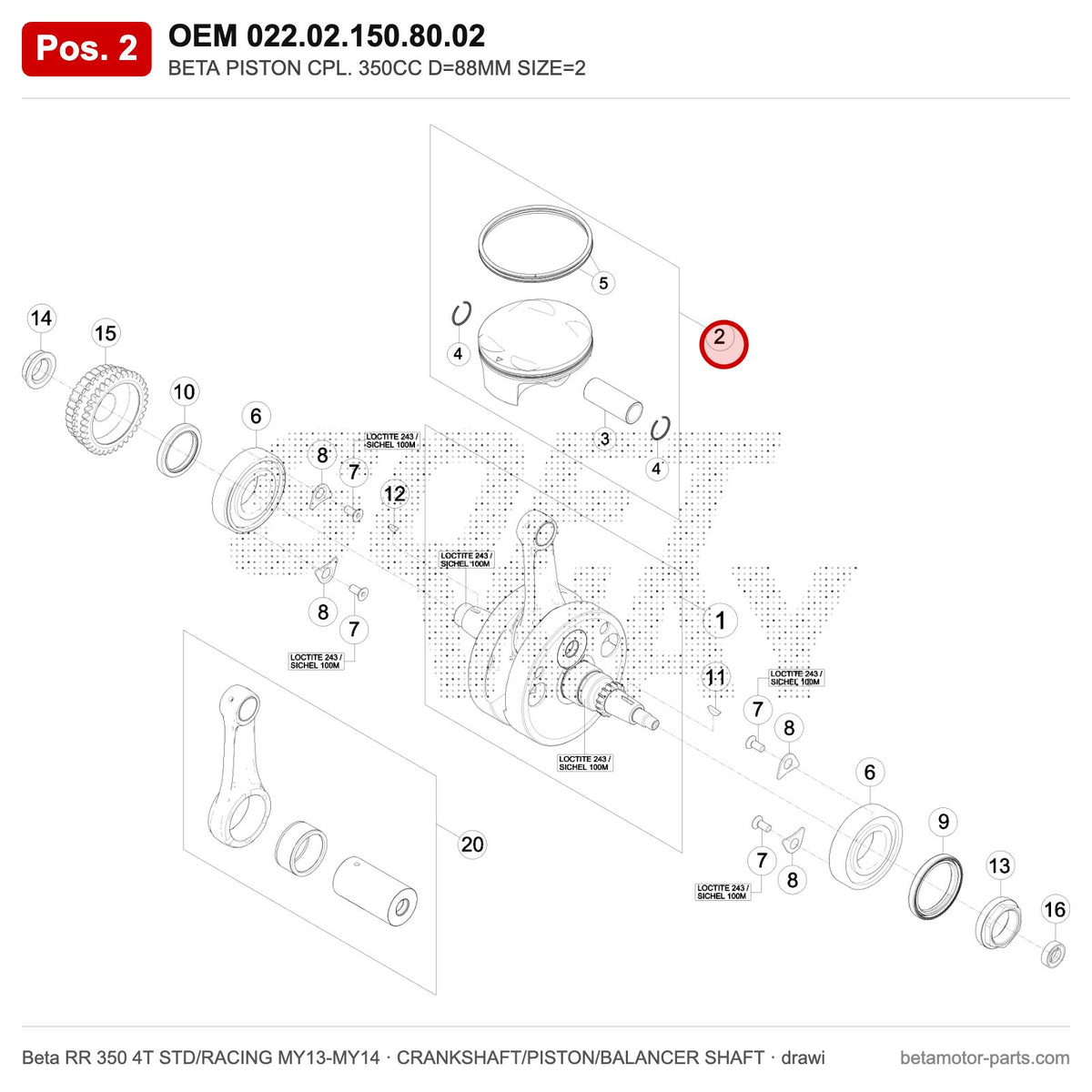 BETA PISTON CPL. 350CC D=88MM SIZE=2 – OEM 022.02.150.80.02, position 2 on the Beta RR 350 4T STD/RACING MY13-MY14 crankshaft/piston/balancer shaft drawing