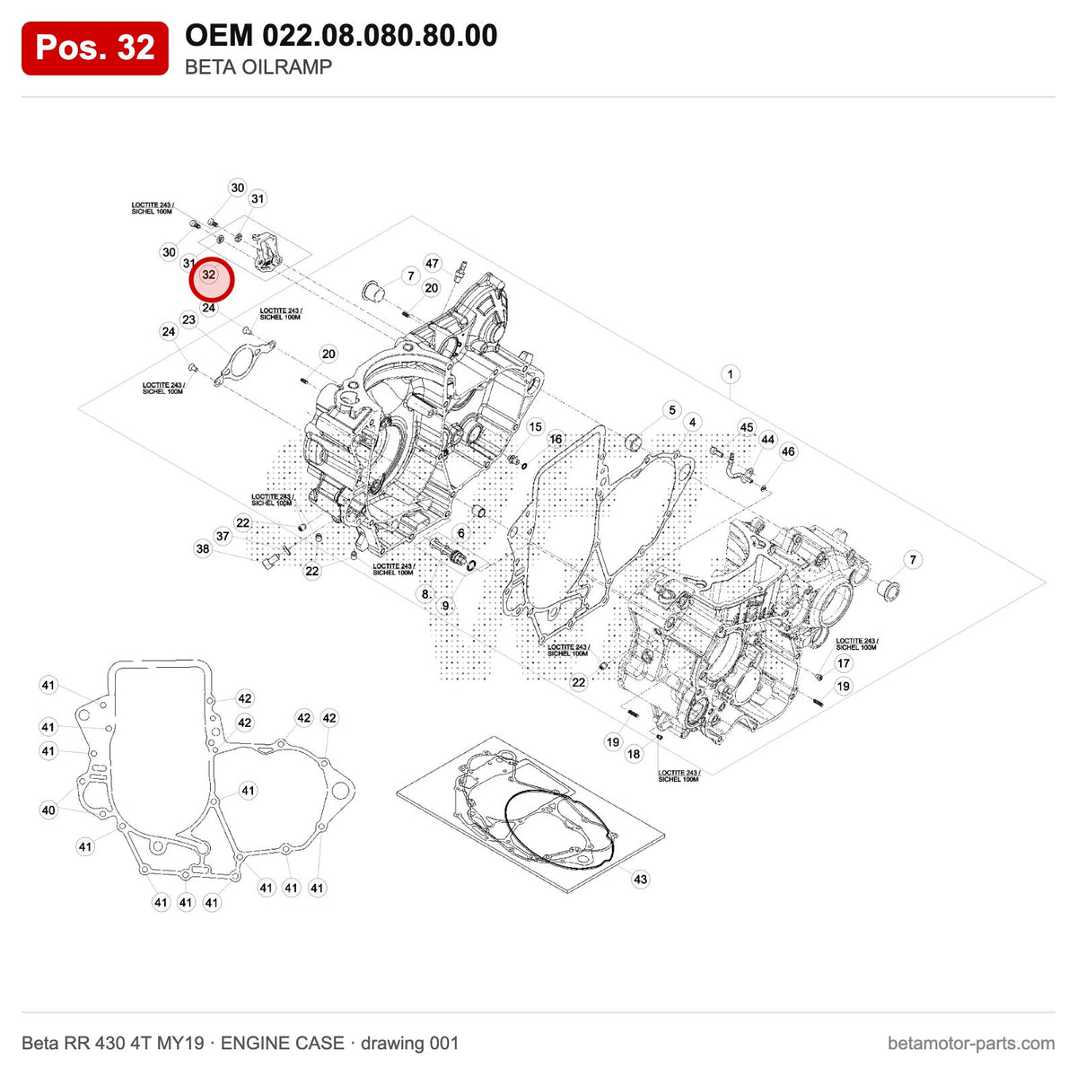 BETA OILRAMP – OEM 022.08.080.80.00, position 32 on the Beta RR 430 4T MY19 engine case drawing