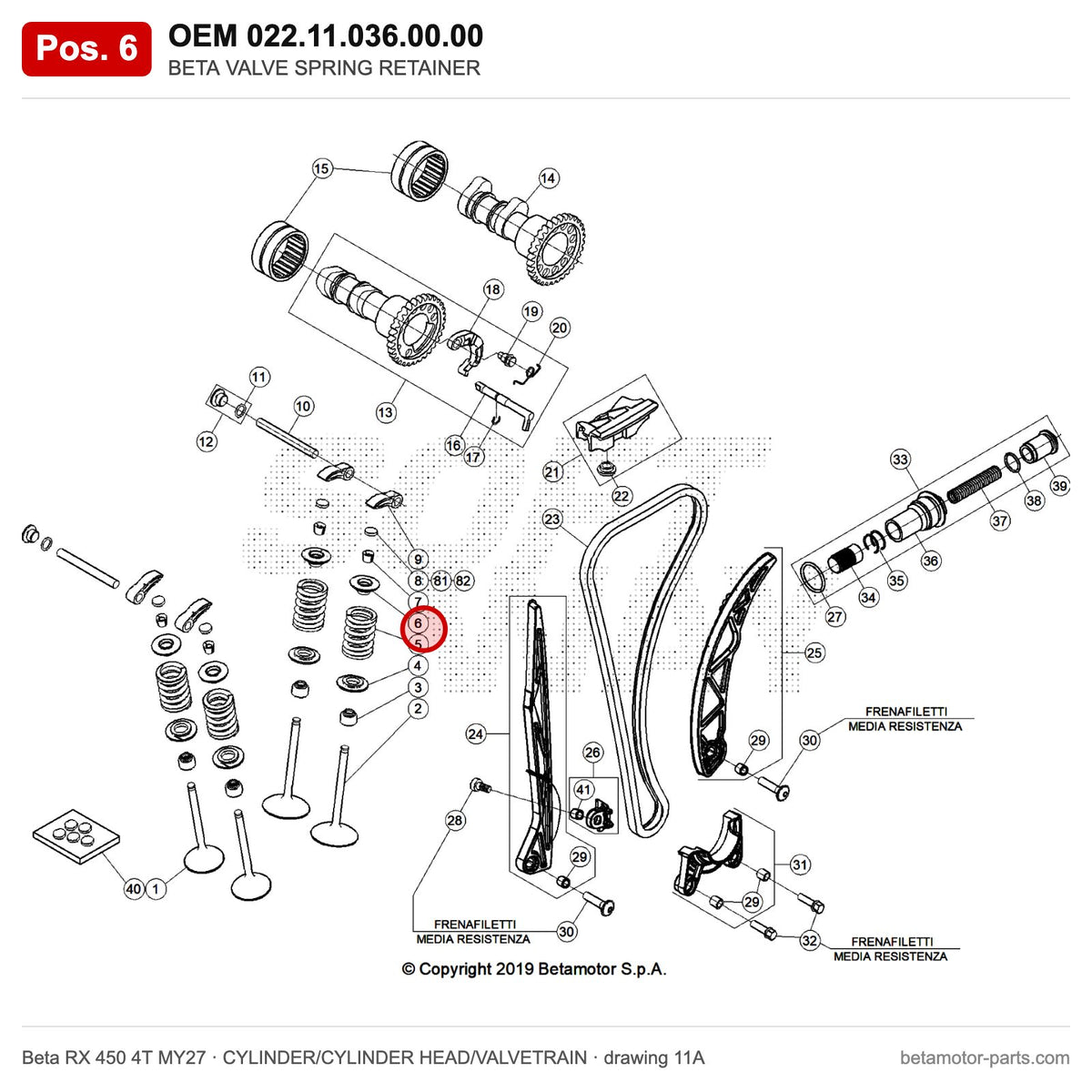 BETA VALVE SPRING RETAINER – OEM 022.11.036.00.00, position 6 on the Beta RX 450 4T MY27 cylinder/cylinder head/valvetrain drawing
