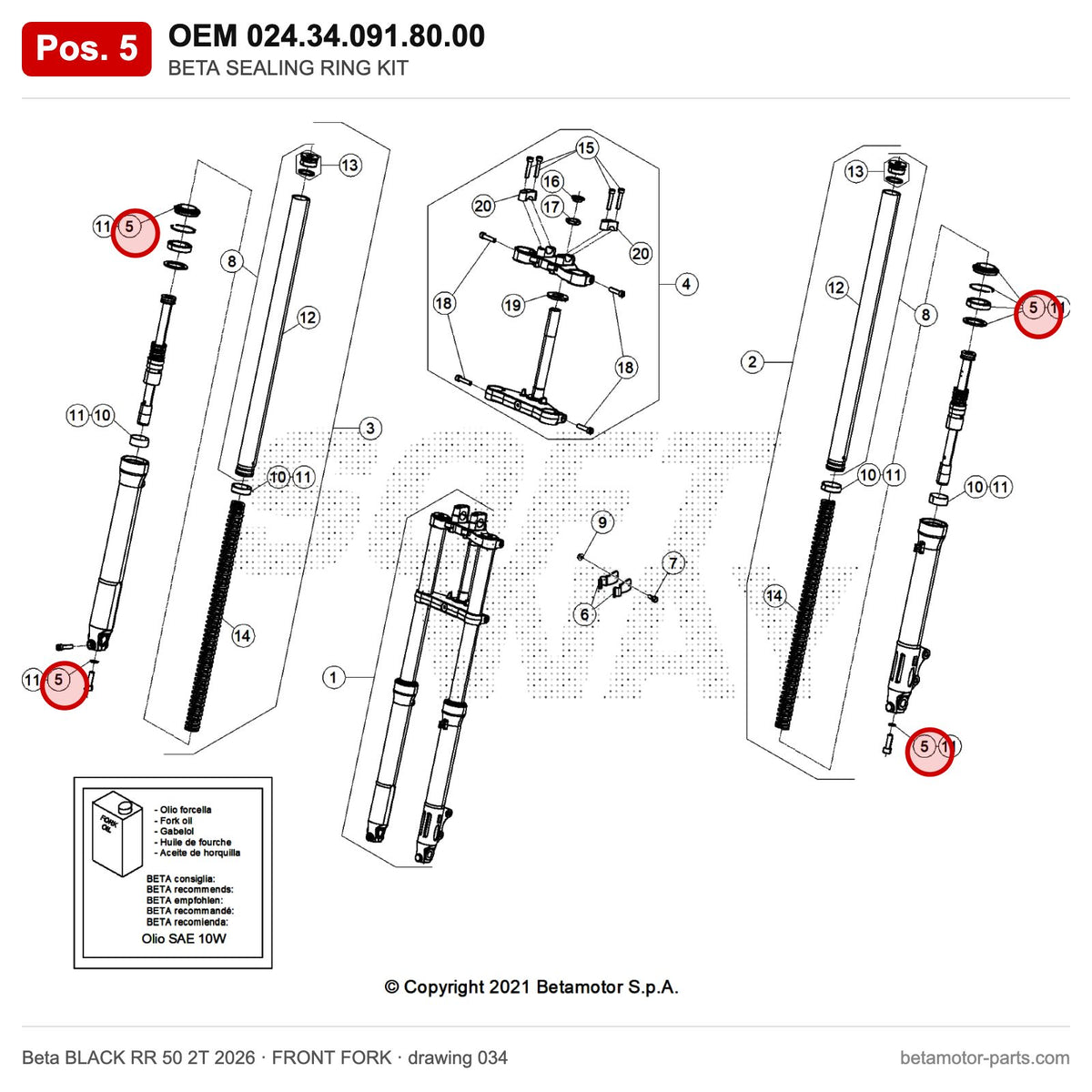 BETA SEALING RING KIT – OEM 024.34.091.80.00, position 5 on the Beta BLACK RR 50 2T 2026 front fork drawing