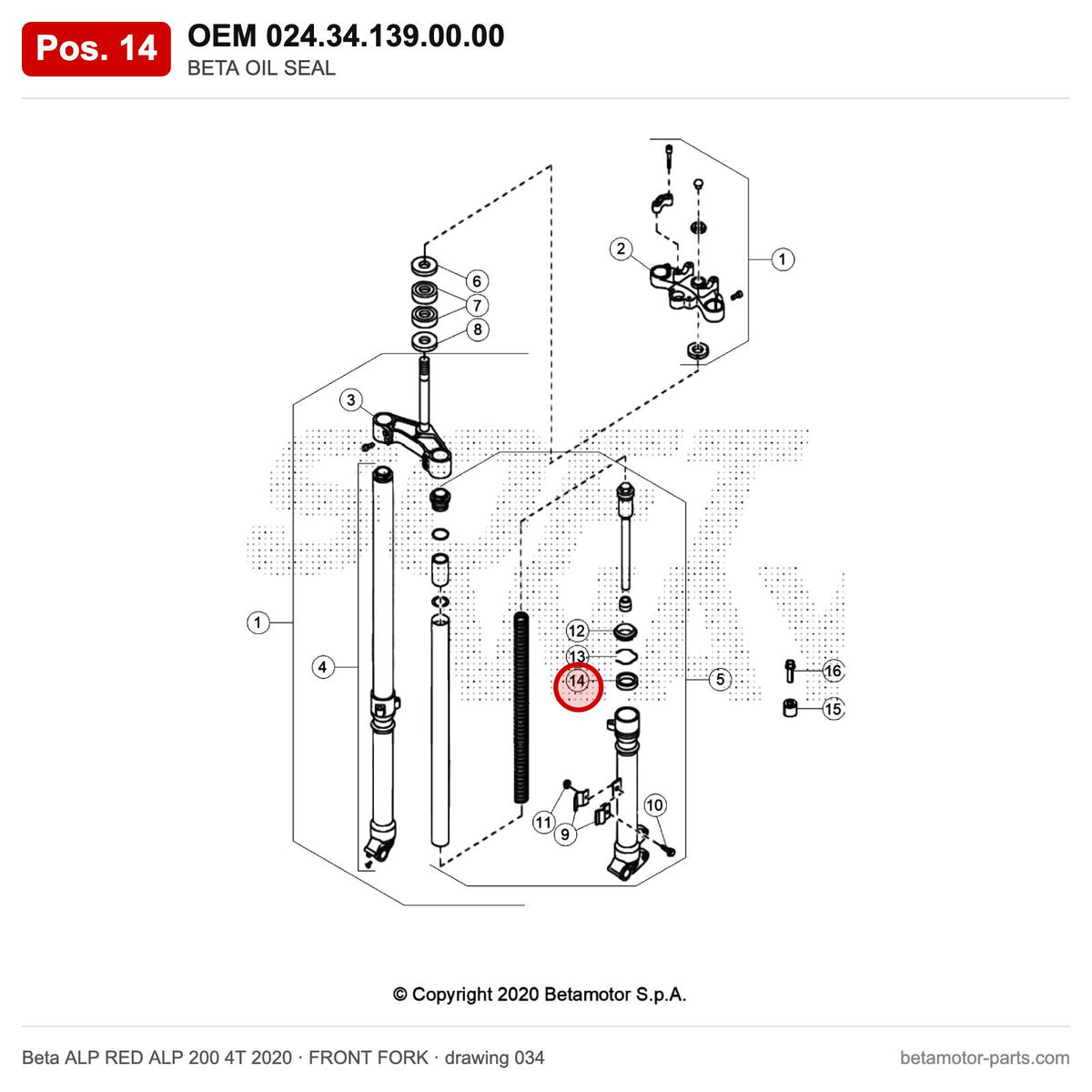 BETA OIL SEAL – OEM 024.34.139.00.00, position 14 on the Beta ALP RED ALP 200 4T 2020 front fork drawing
