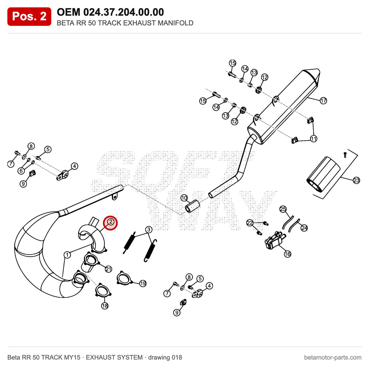 BETA RR 50 TRACK EXHAUST MANIFOLD – OEM 024.37.204.00.00, position 2 on the Beta RR 50 TRACK MY15 exhaust system drawing