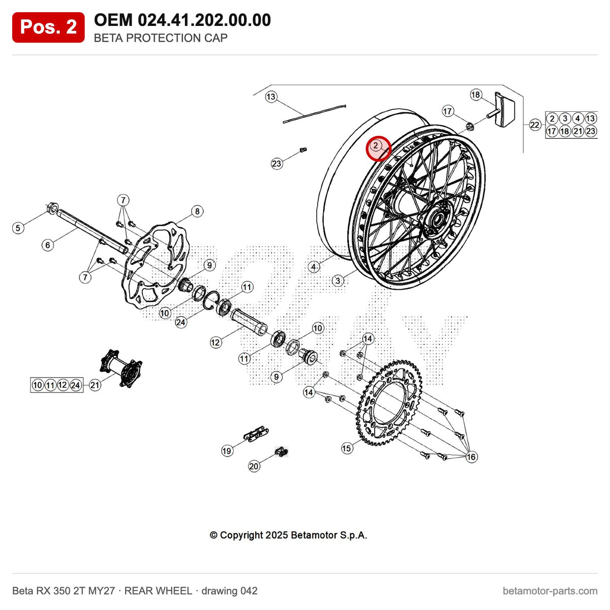 BETA PROTECTION CAP – OEM 024.41.202.00.00, position 2 on the Beta RX 350 2T MY27 rear wheel drawing