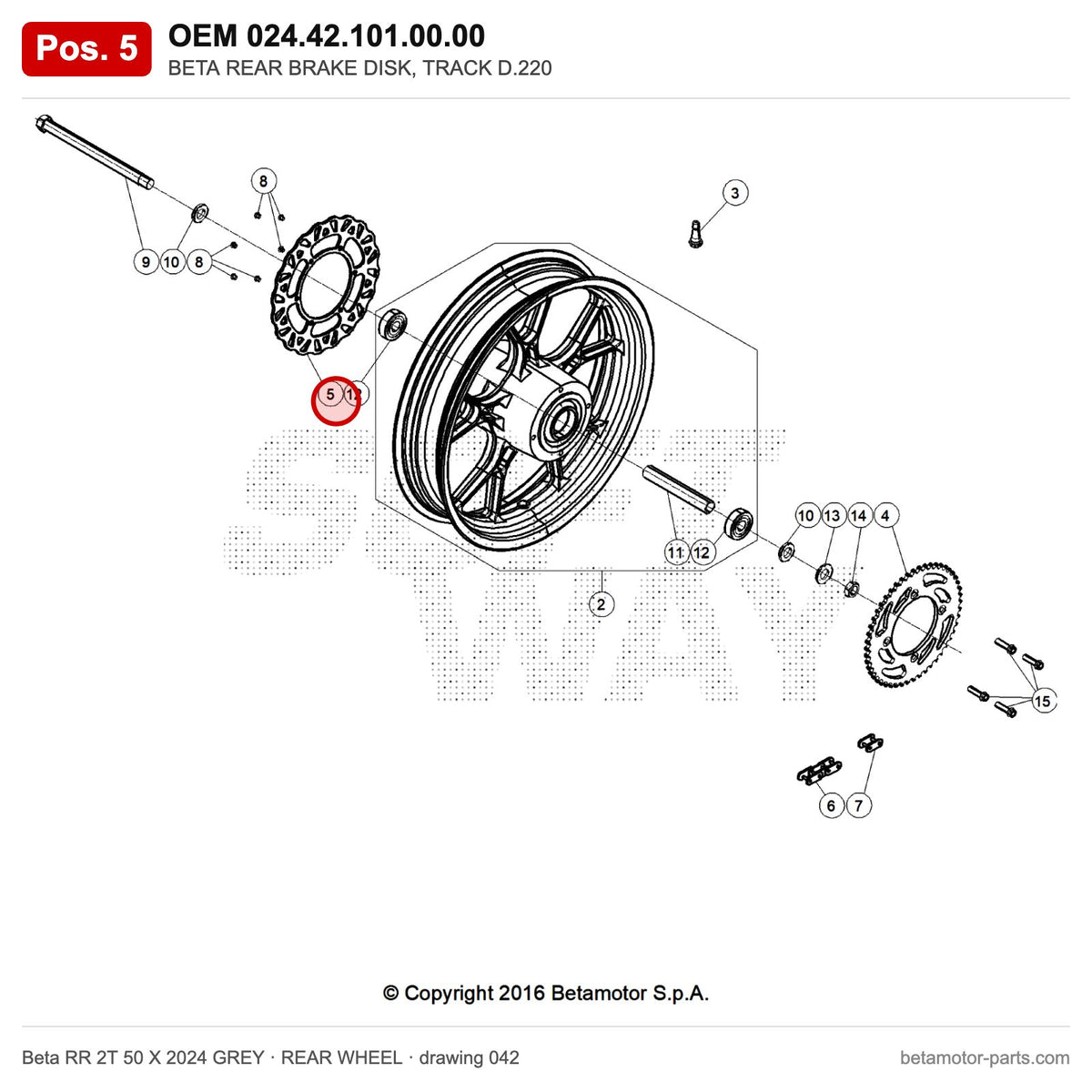 BETA REAR BRAKE DISK, TRACK D.220 – OEM 024.42.101.00.00, position 5 on the Beta RR 2T 50 X 2024 GREY rear wheel drawing