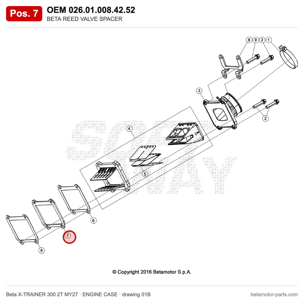 BETA REED VALVE SPACER – OEM 026.01.008.42.52, position 7 on the Beta X-TRAINER 300 2T MY27 engine case drawing