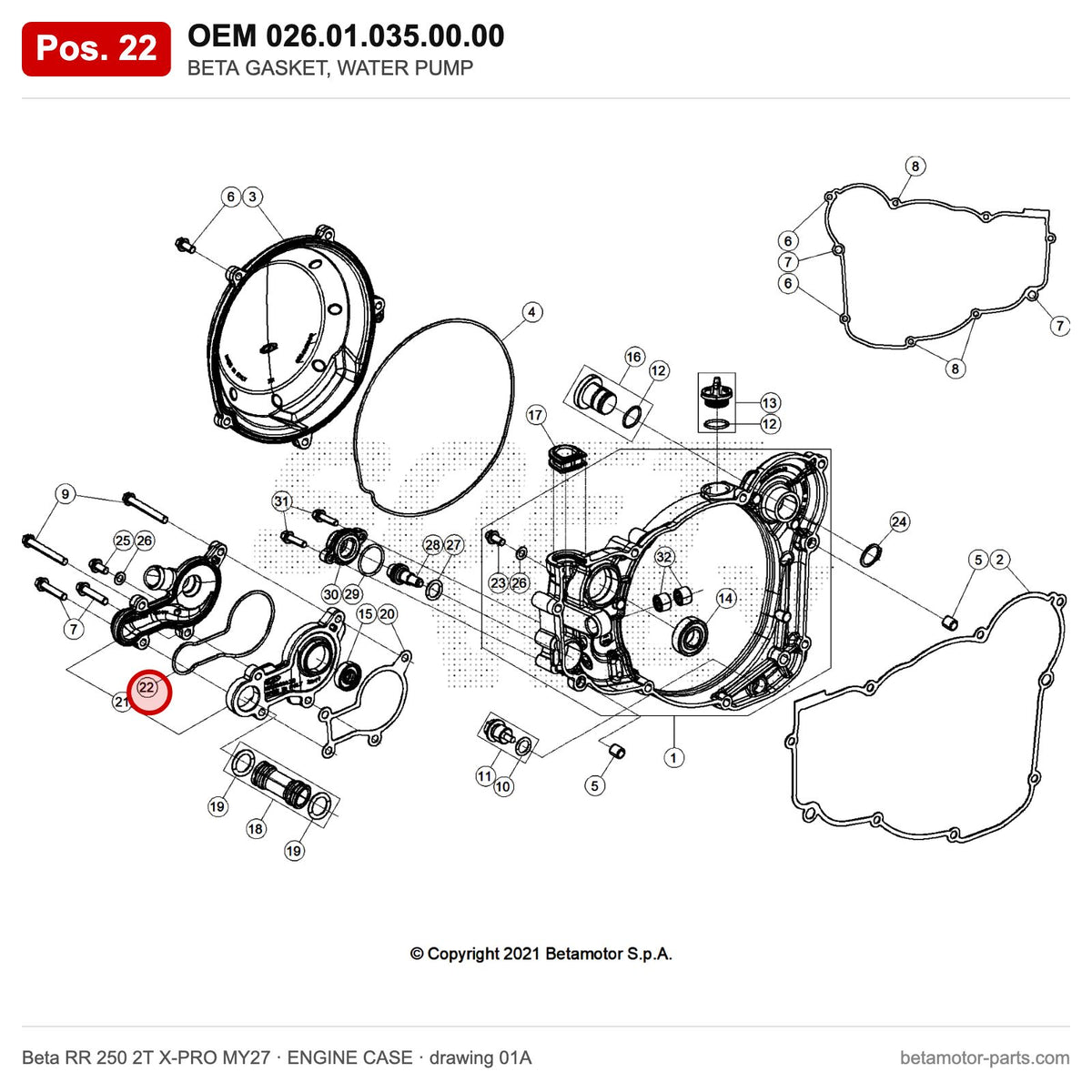 BETA GASKET, WATER PUMP – OEM 026.01.035.00.00, position 22 on the Beta RR 250 2T X-PRO MY27 engine case drawing