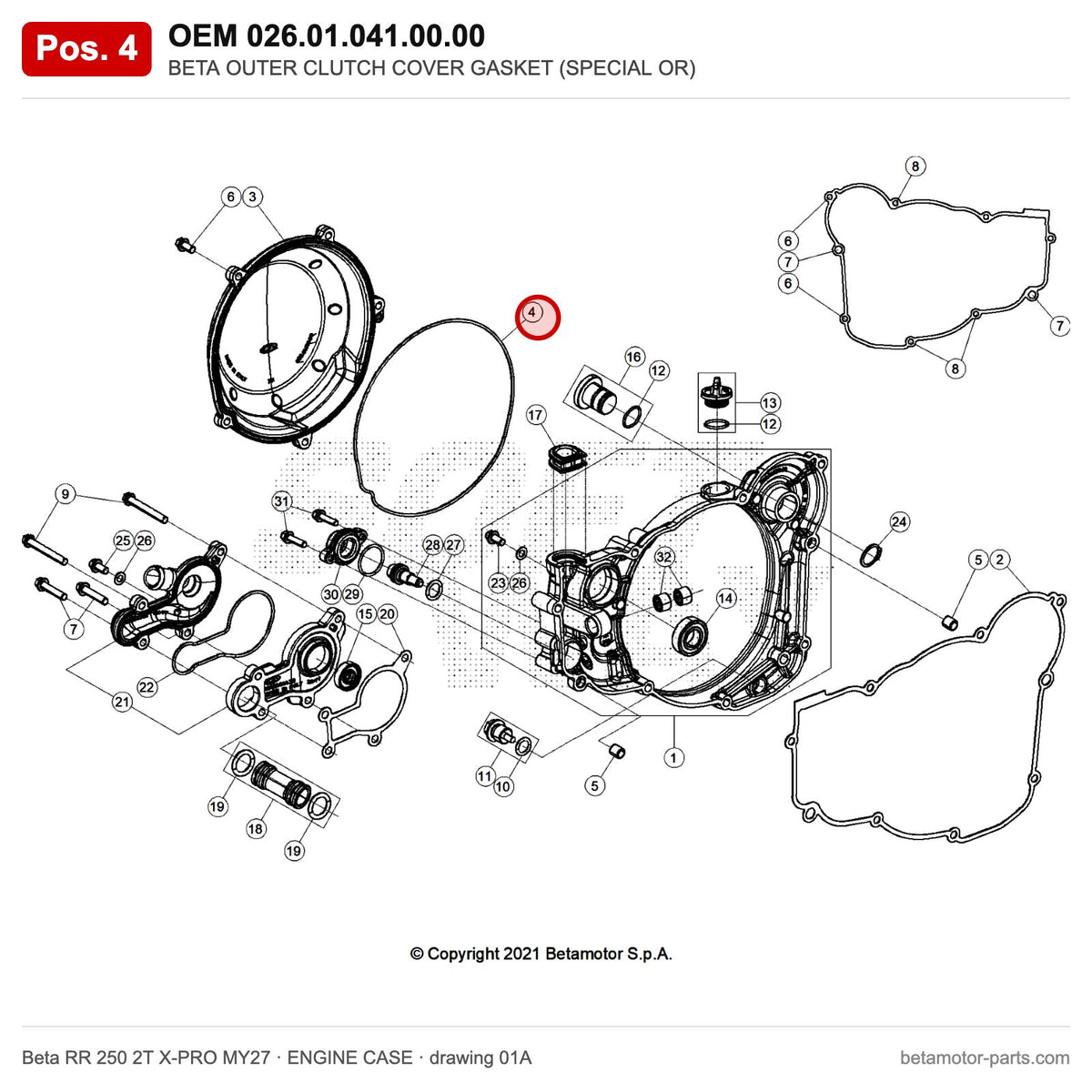 BETA OUTER CLUTCH COVER GASKET (SPECIAL OR) – OEM 026.01.041.00.00, position 4 on the Beta RR 250 2T X-PRO MY27 engine case drawing