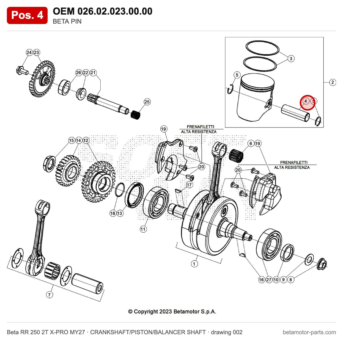 BETA PIN – OEM 026.02.023.00.00, position 4 on the Beta RR 250 2T X-PRO MY27 crankshaft/piston/balancer shaft drawing