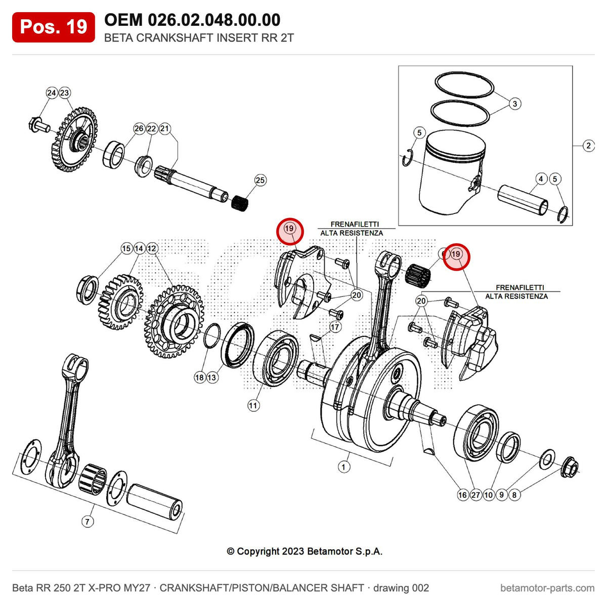 BETA CRANKSHAFT INSERT RR 2T – OEM 026.02.048.00.00, position 19 on the Beta RR 250 2T X-PRO MY27 crankshaft/piston/balancer shaft drawing