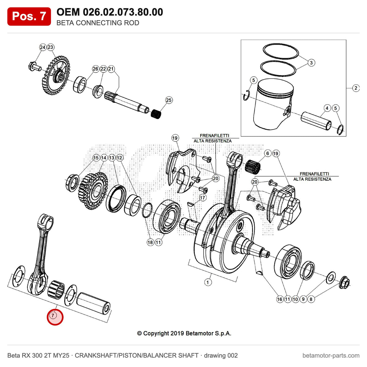 BETA CONNECTING ROD – OEM 026.02.073.80.00, position 7 on the Beta RX 300 2T MY25 crankshaft/piston/balancer shaft drawing
