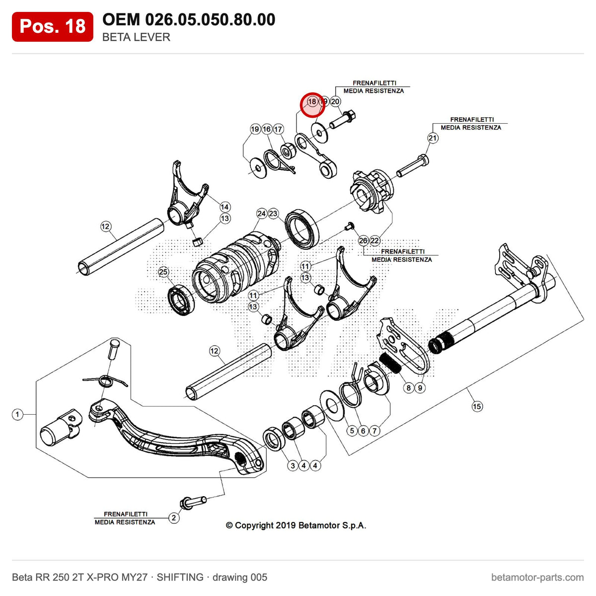 BETA LEVER – OEM 026.05.050.80.00, position 18 on the Beta RR 250 2T X-PRO MY27 shifting drawing