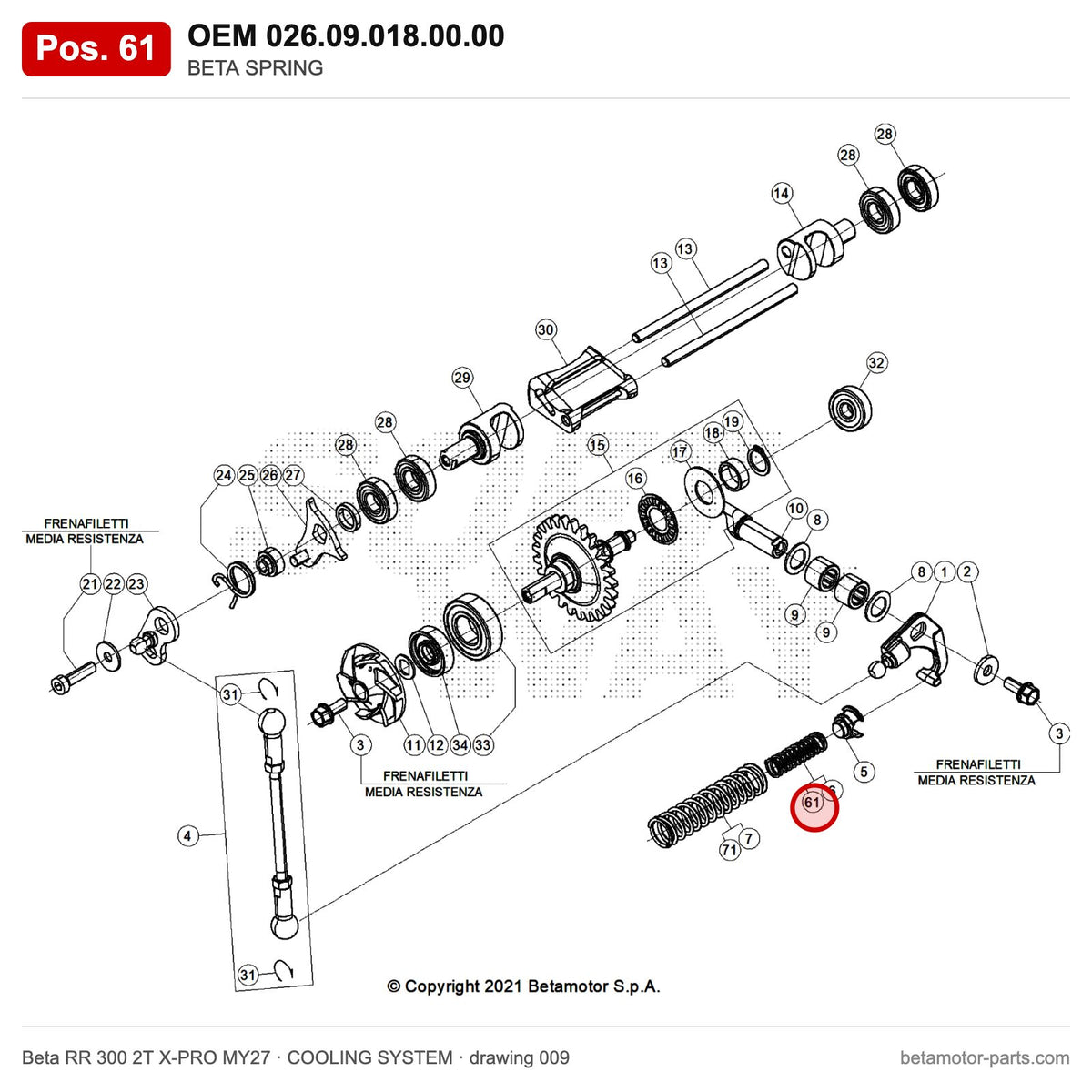 BETA SPRING – OEM 026.09.018.00.00, position 61 on the Beta RR 300 2T X-PRO MY27 cooling system drawing
