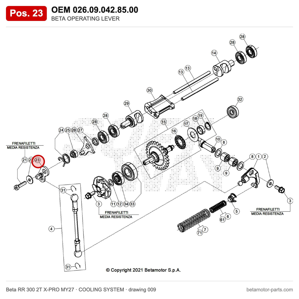 BETA OPERATING LEVER – OEM 026.09.042.85.00, position 23 on the Beta RR 300 2T X-PRO MY27 cooling system drawing