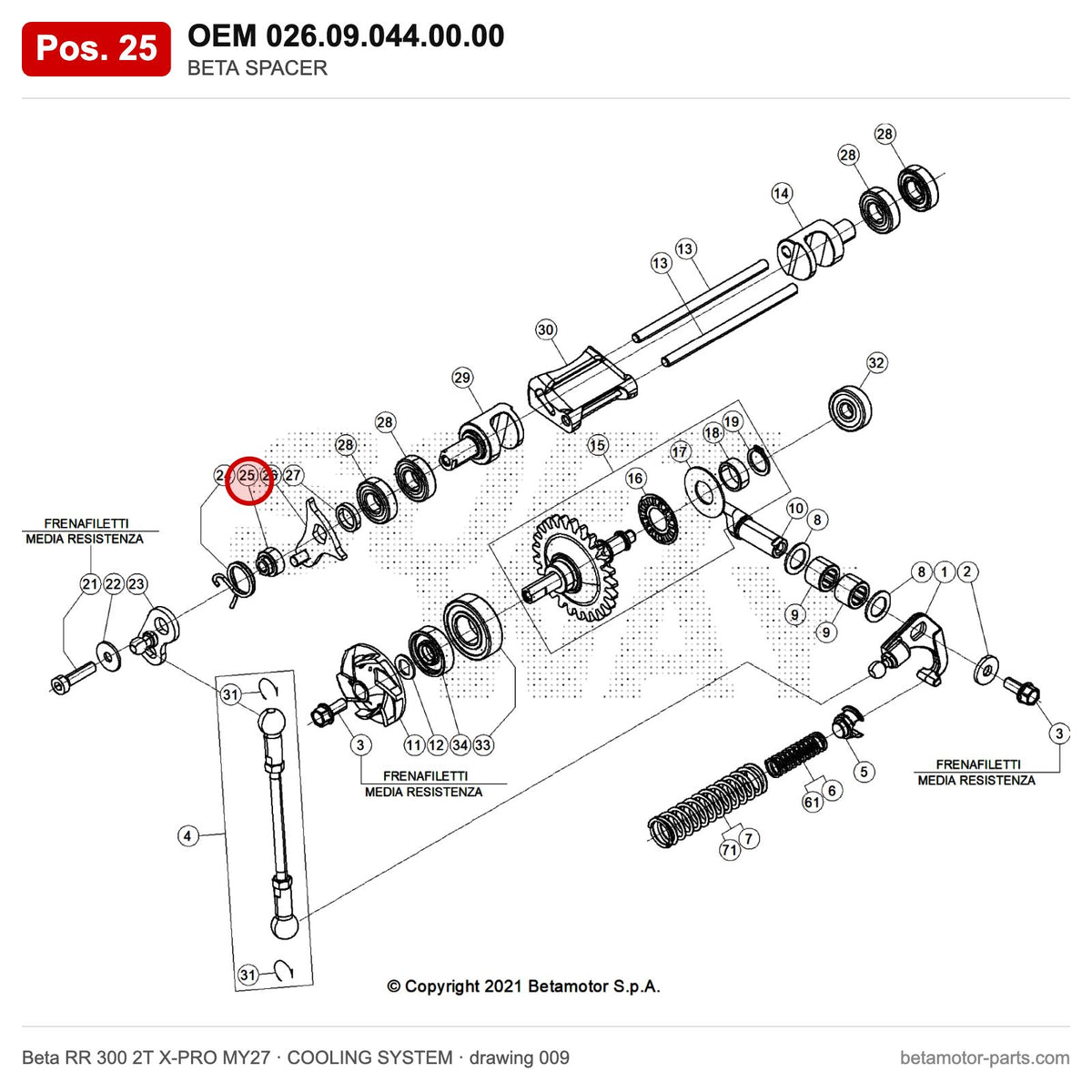 BETA SPACER – OEM 026.09.044.00.00, position 25 on the Beta RR 300 2T X-PRO MY27 cooling system drawing