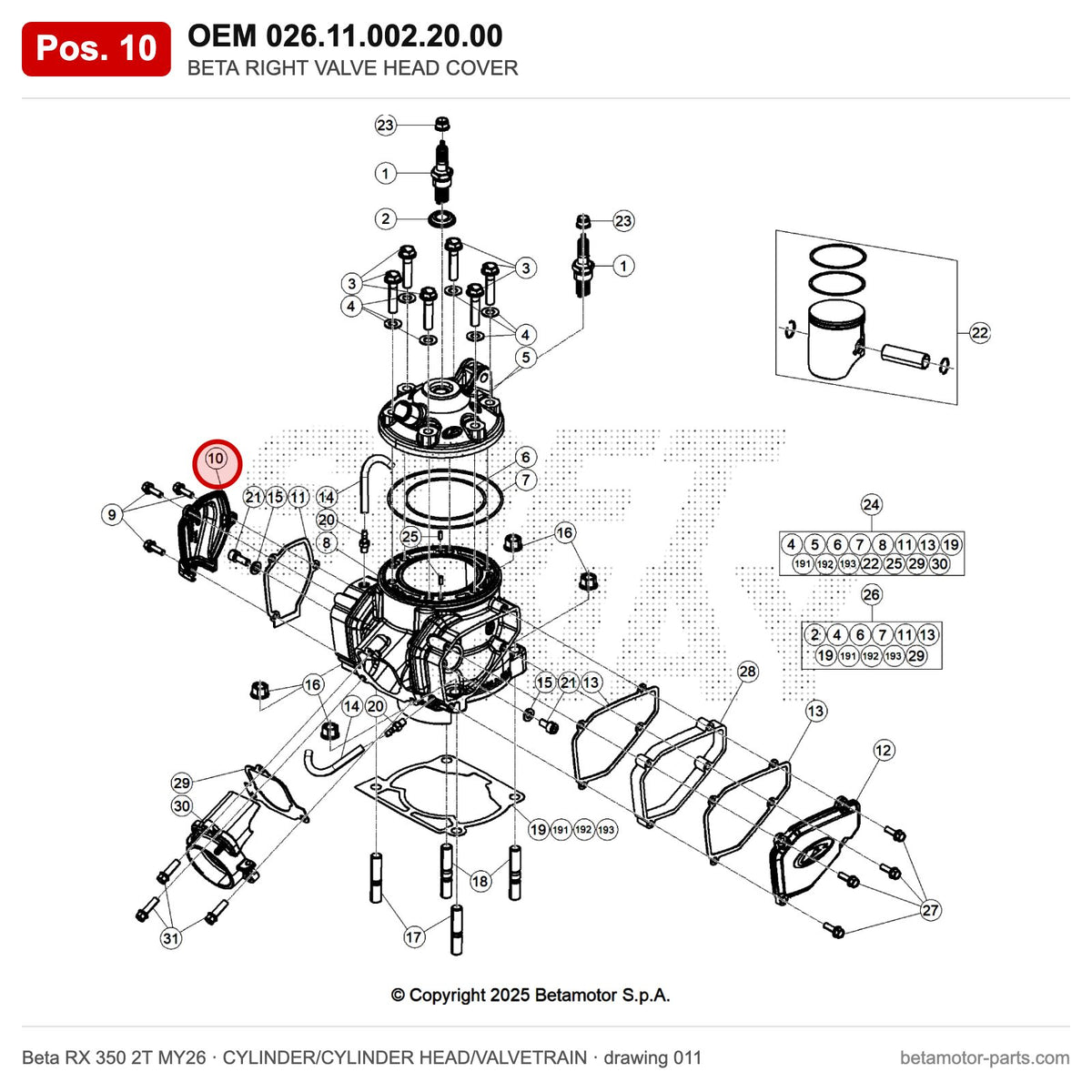 BETA RIGHT VALVE HEAD COVER – OEM 026.11.002.20.00, position 10 on the Beta RX 350 2T MY26 cylinder/cylinder head/valvetrain drawing