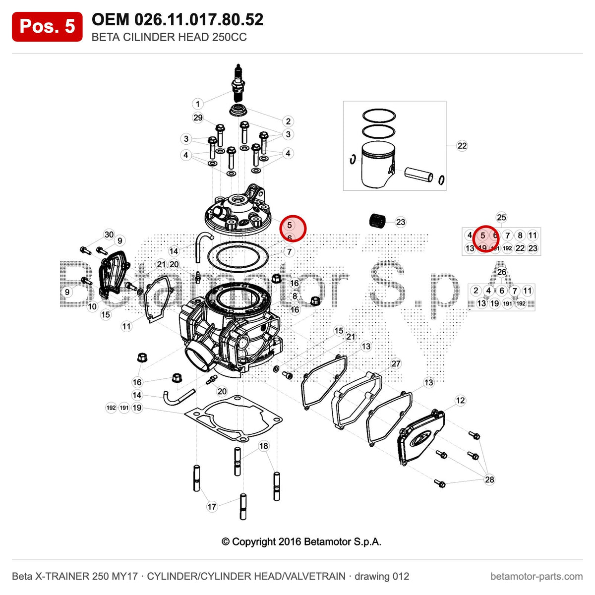 BETA CILINDER HEAD 250CC – OEM 026.11.017.80.52, position 5 on the Beta X-TRAINER 250 MY17 cylinder/cylinder head/valvetrain drawing