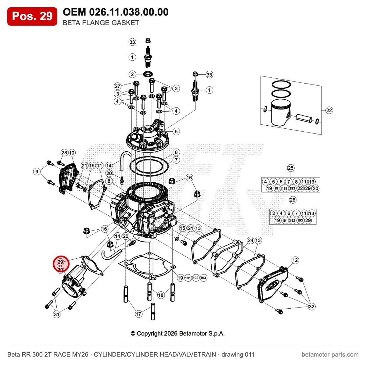 BETA FLANGE GASKET – OEM 026.11.038.00.00, position 29 on the Beta RR 300 2T RACE MY26 cylinder/cylinder head/valvetrain drawing