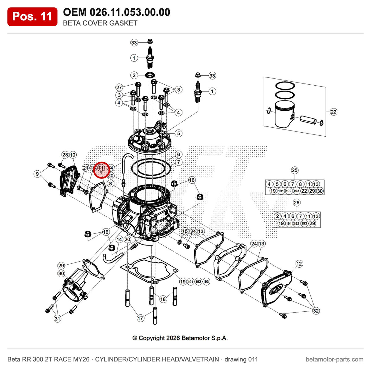 BETA COVER GASKET – OEM 026.11.053.00.00, position 11 on the Beta RR 300 2T RACE MY26 cylinder/cylinder head/valvetrain drawing