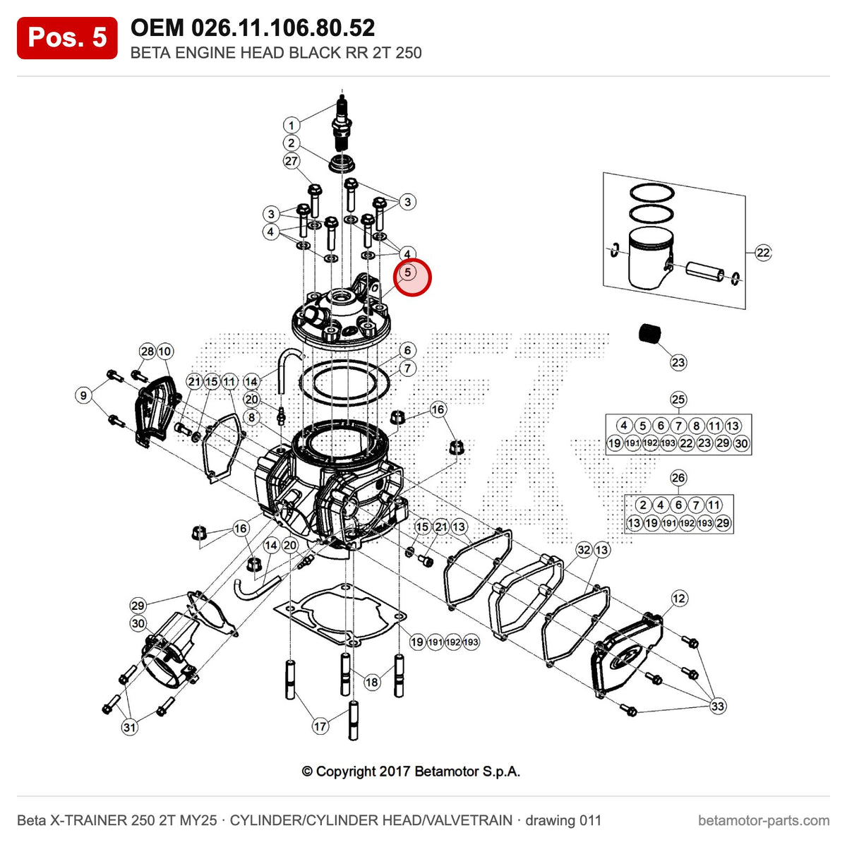 BETA ENGINE HEAD BLACK RR 2T 250 – OEM 026.11.106.80.52, position 5 on the Beta X-TRAINER 250 2T MY25 cylinder/cylinder head/valvetrain drawing
