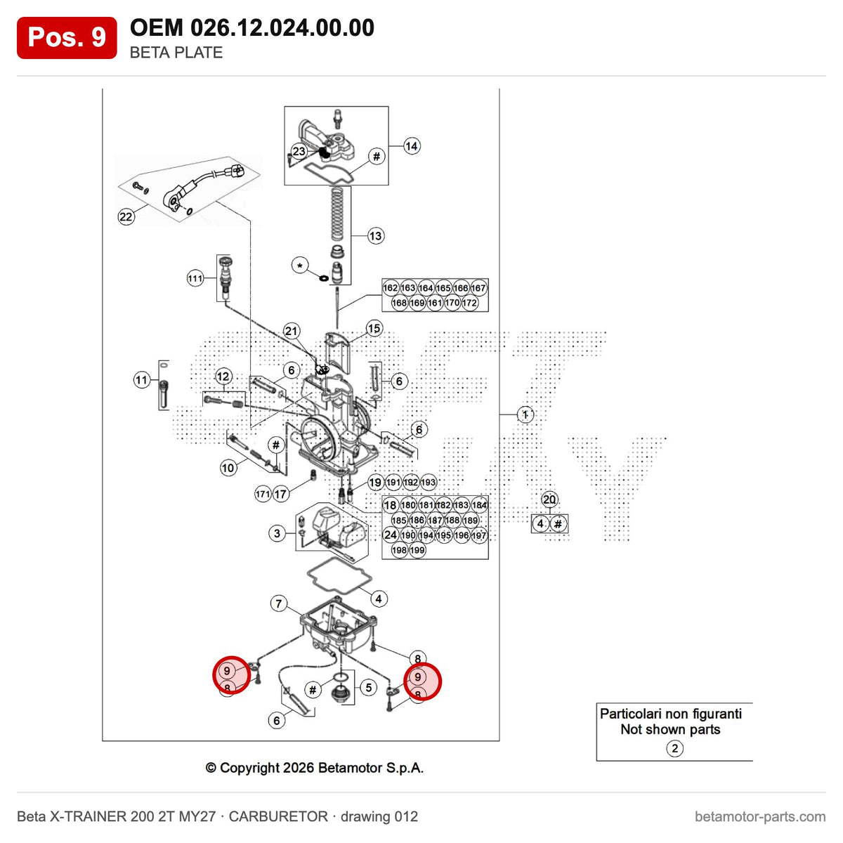 BETA PLATE – OEM 026.12.024.00.00, position 9 on the Beta X-TRAINER 200 2T MY27 carburetor drawing