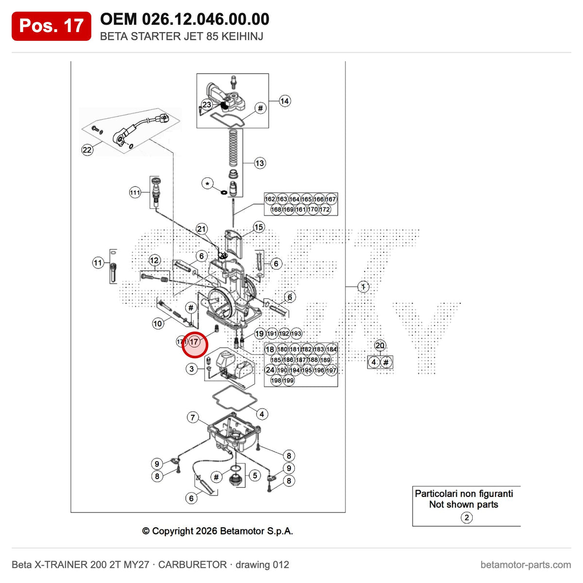 BETA STARTER JET 85 KEIHINJ – OEM 026.12.046.00.00, position 17 on the Beta X-TRAINER 200 2T MY27 carburetor drawing