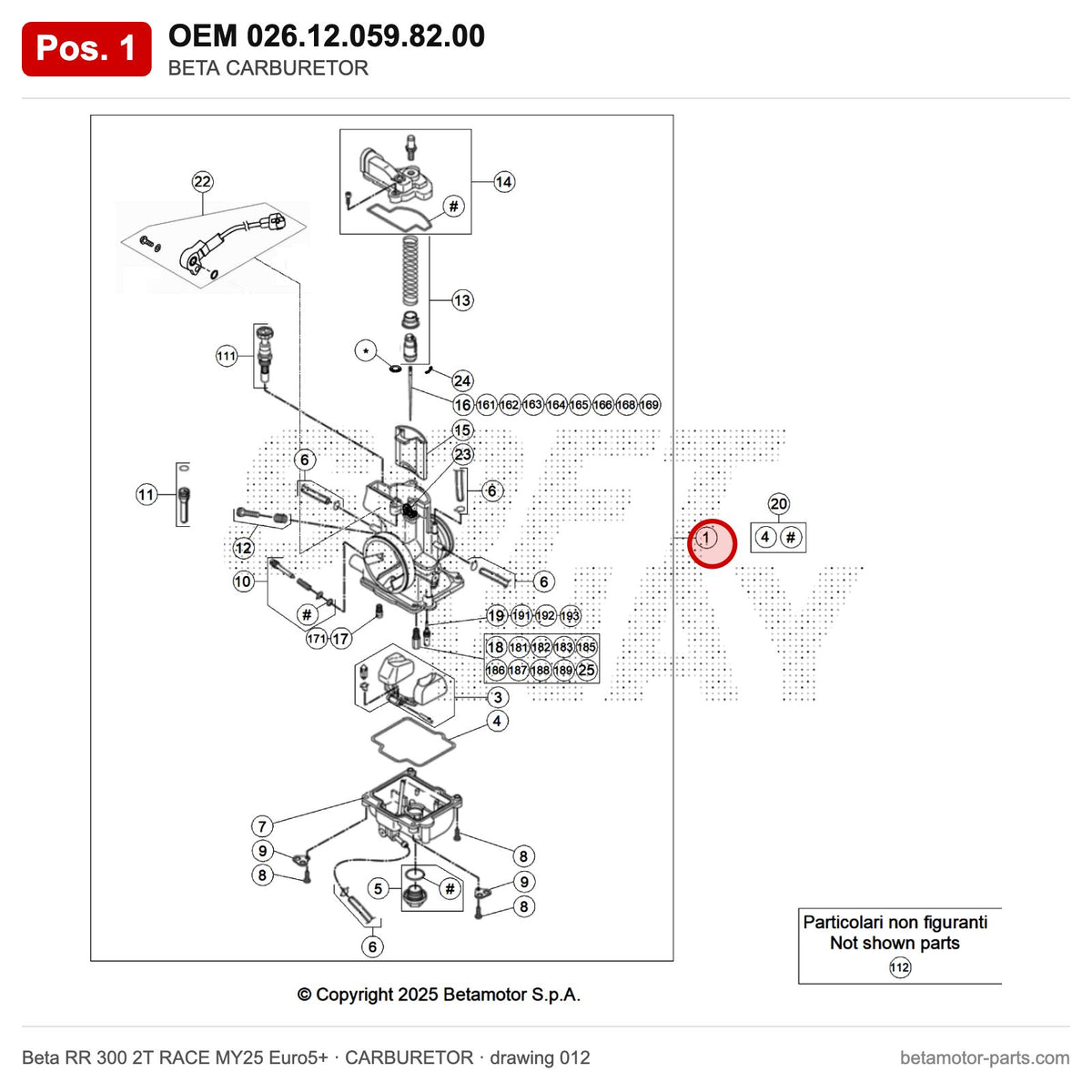 BETA CARBURETOR – OEM 026.12.059.82.00, position 1 on the Beta RR 300 2T RACE MY25 Euro5+ carburetor drawing