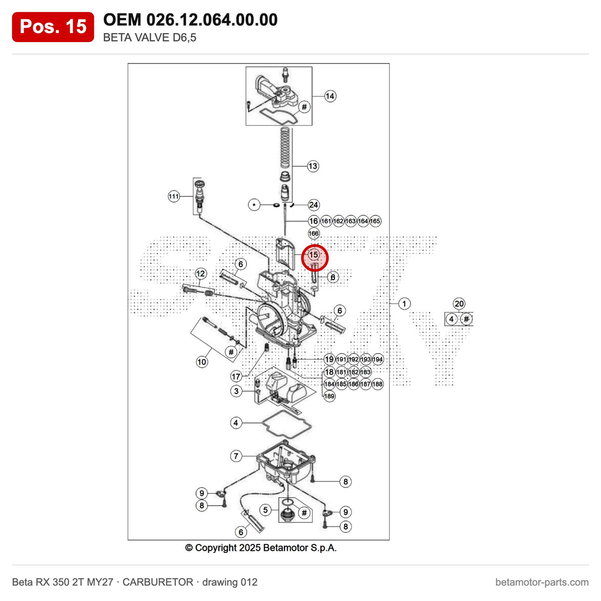 BETA VALVE D6,5 – OEM 026.12.064.00.00, position 15 on the Beta RX 350 2T MY27 carburetor drawing