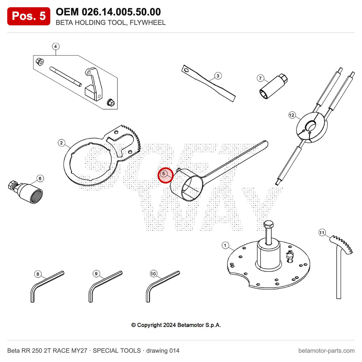 BETA HOLDING TOOL, FLYWHEEL – OEM 026.14.005.50.00, position 5 on the Beta RR 250 2T RACE MY27 special tools drawing