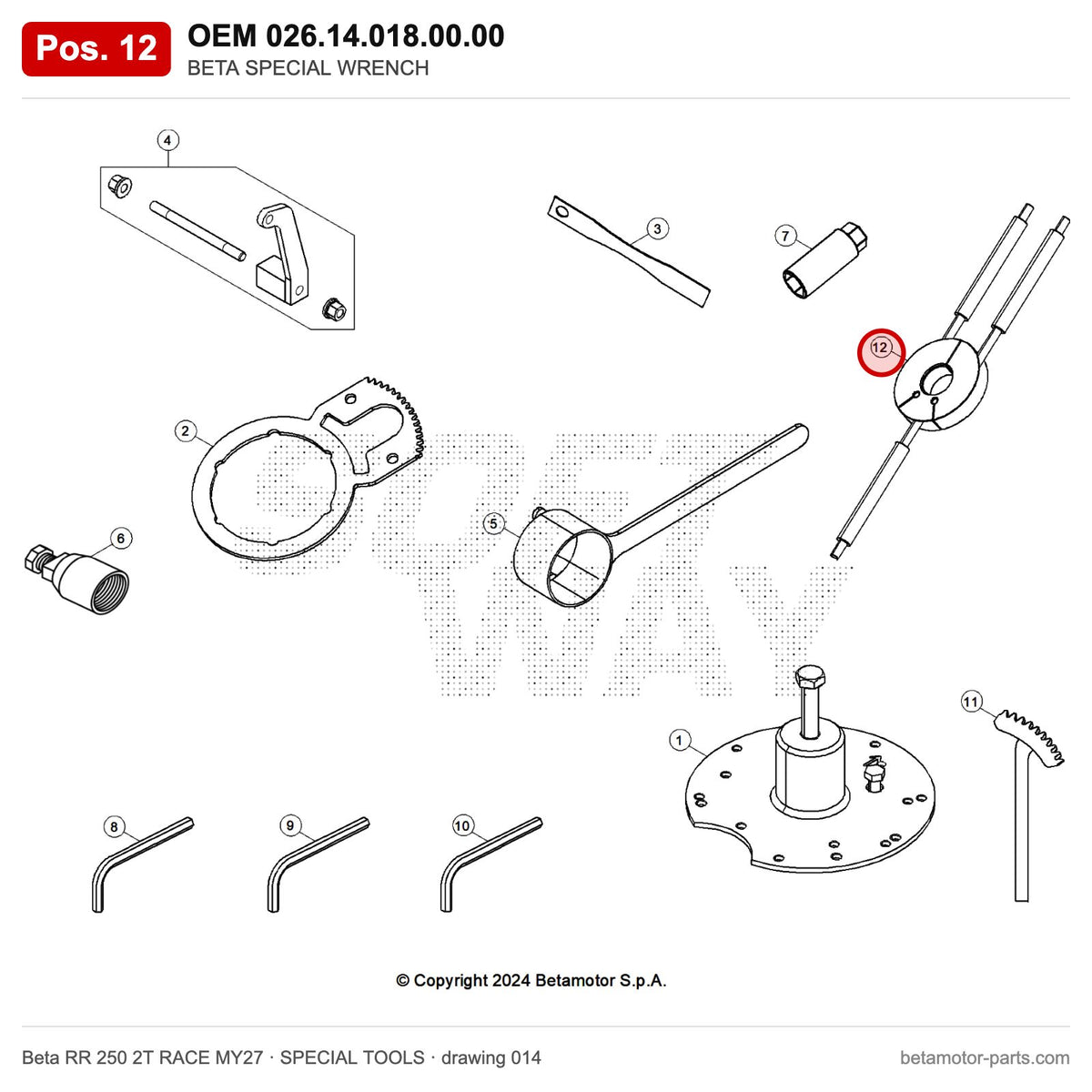 BETA SPECIAL WRENCH – OEM 026.14.018.00.00, position 12 on the Beta RR 250 2T RACE MY27 special tools drawing