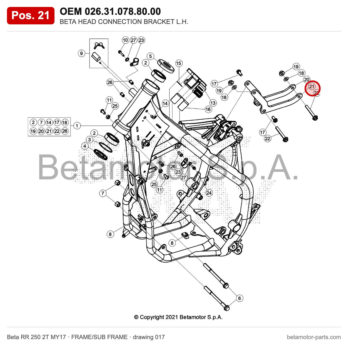 BETA HEAD CONNECTION BRACKET L.H. – OEM 026.31.078.80.00, position 21 on the Beta RR 250 2T MY17 frame/sub frame drawing
