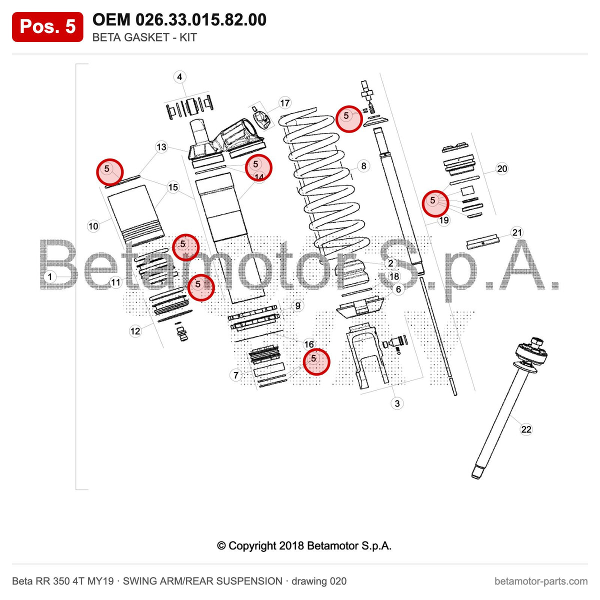 BETA GASKET - KIT – OEM 026.33.015.82.00, position 5 on the Beta RR 350 4T MY19 swing arm/rear suspension drawing