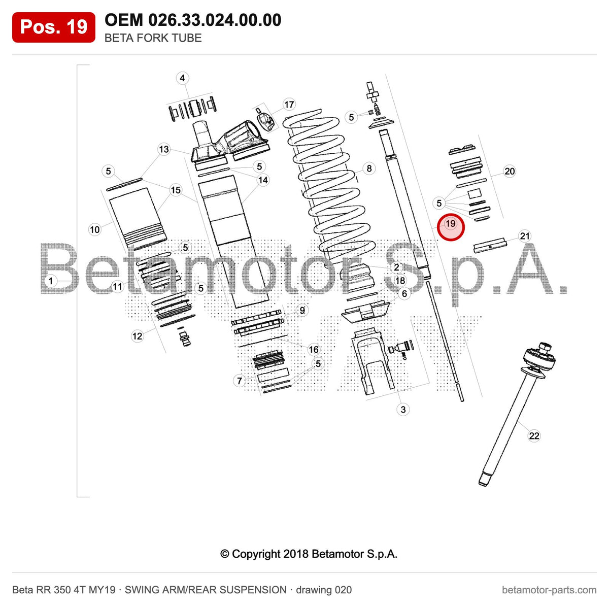 BETA FORK TUBE – OEM 026.33.024.00.00, position 19 on the Beta RR 350 4T MY19 swing arm/rear suspension drawing