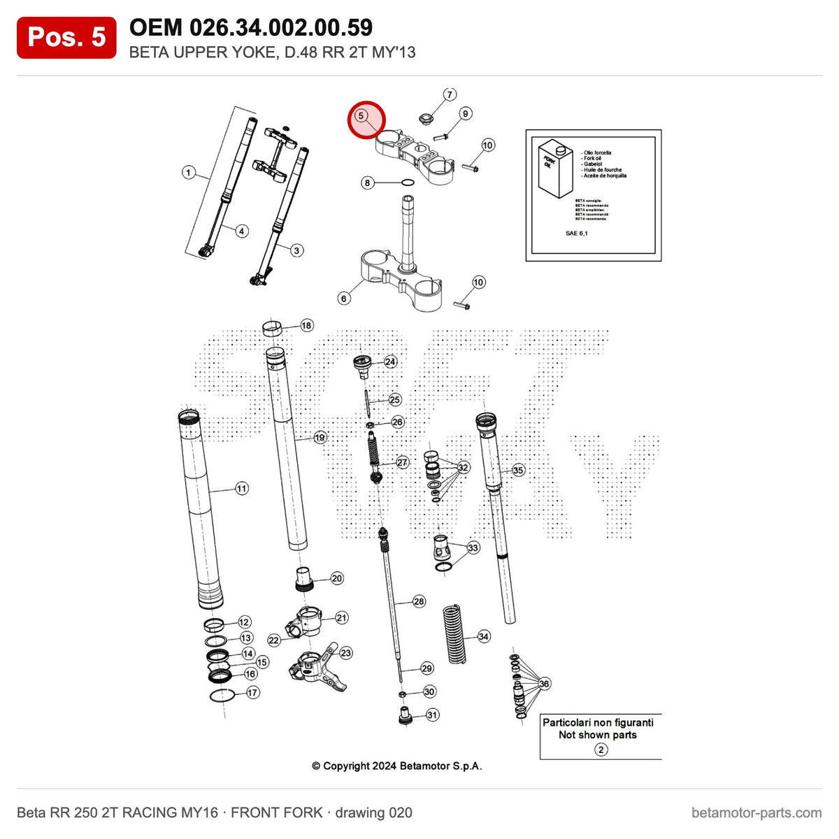 BETA UPPER YOKE, D.48 RR 2T MY'13 – OEM 026.34.002.00.59, position 5 on the Beta RR 250 2T RACING MY16 front fork drawing