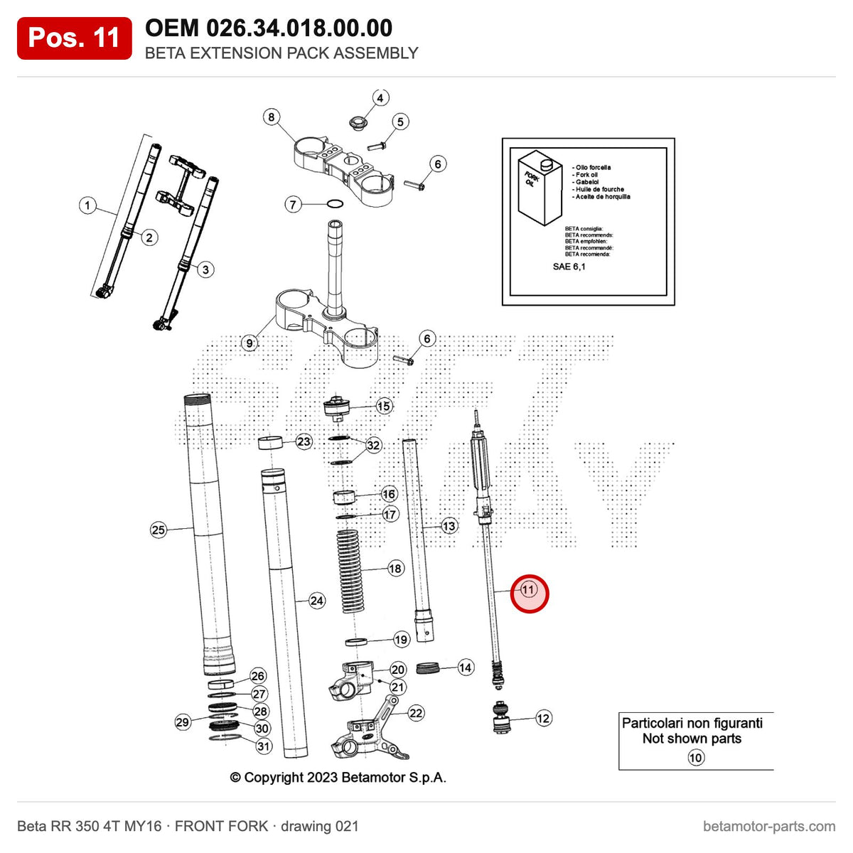 BETA EXTENSION PACK ASSEMBLY – OEM 026.34.018.00.00, position 11 on the Beta RR 350 4T MY16 front fork drawing