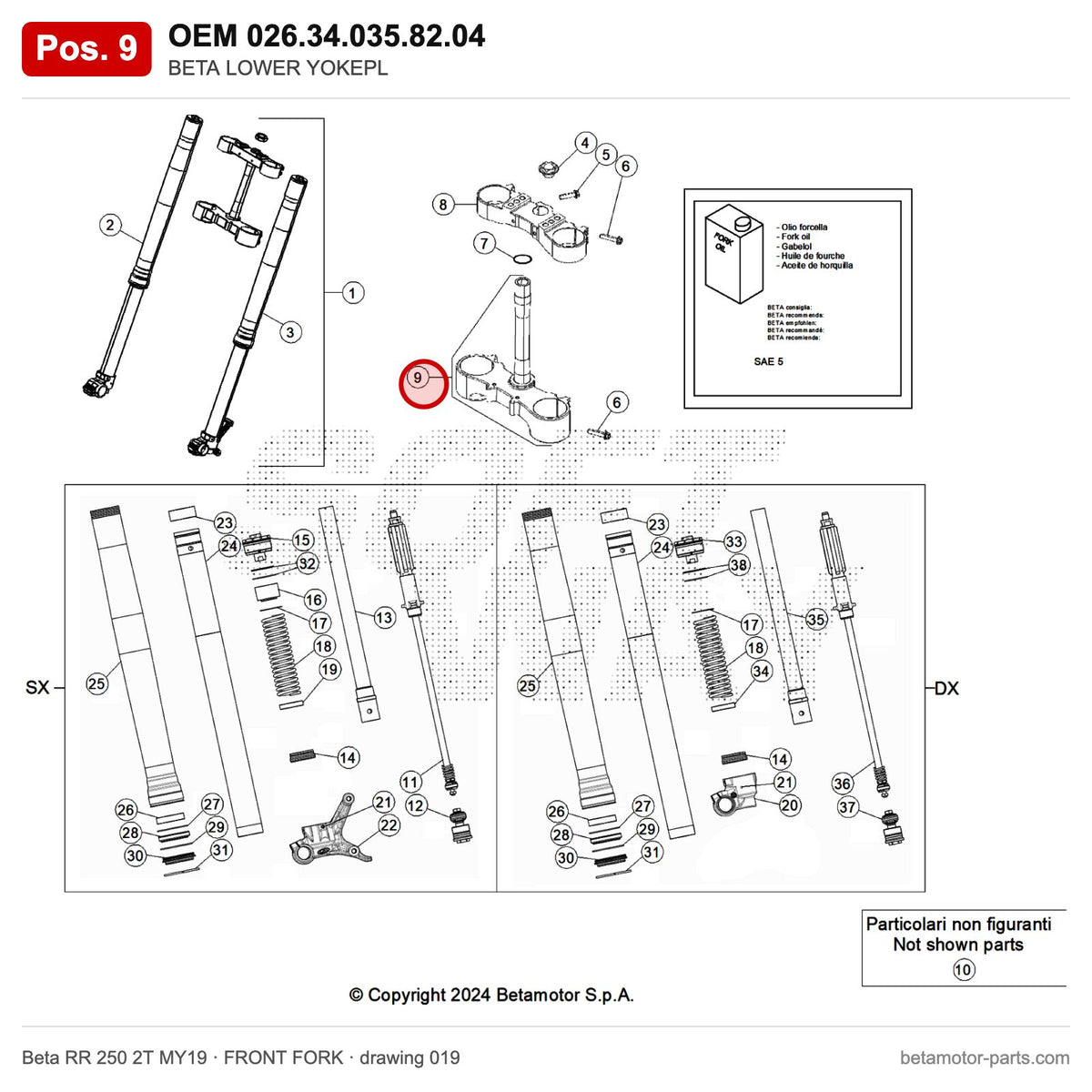 BETA LOWER YOKEPL – OEM 026.34.035.82.04, position 9 on the Beta RR 250 2T MY19 front fork drawing