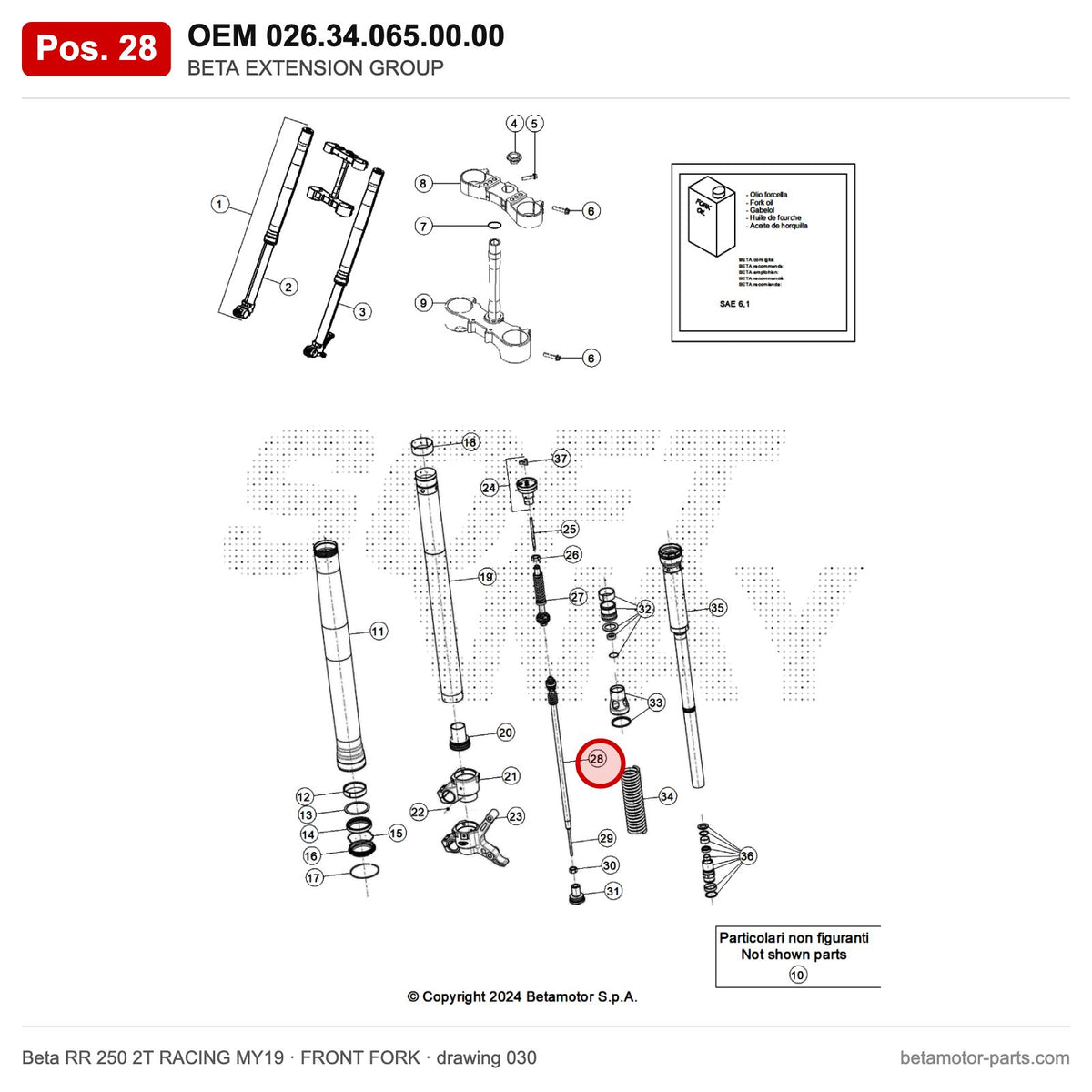 BETA EXTENSION GROUP – OEM 026.34.065.00.00, position 28 on the Beta RR 250 2T RACING MY19 front fork drawing