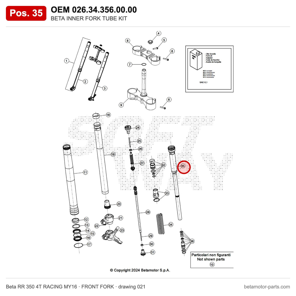 BETA INNER FORK TUBE KIT – OEM 026.34.356.00.00, position 35 on the Beta RR 350 4T RACING MY16 front fork drawing