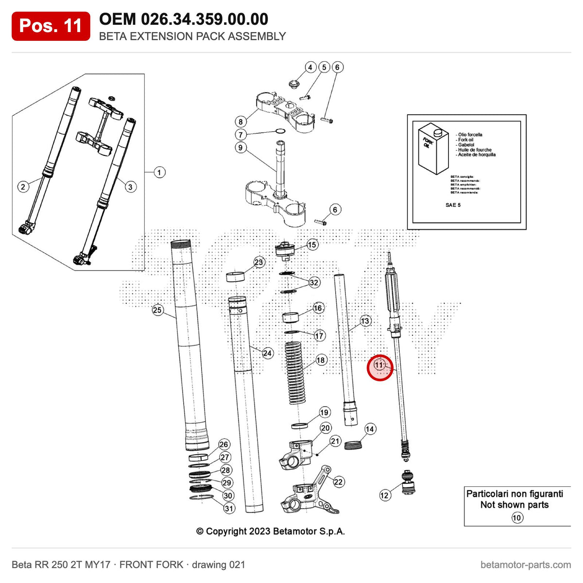 BETA EXTENSION PACK ASSEMBLY – OEM 026.34.359.00.00, position 11 on the Beta RR 250 2T MY17 front fork drawing