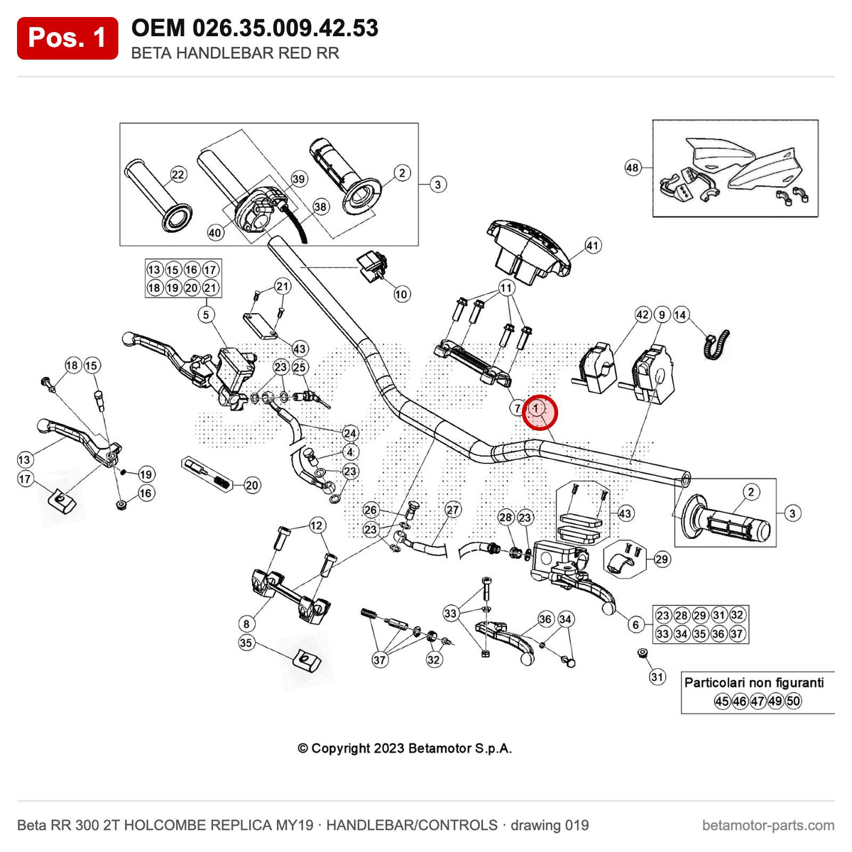 BETA HANDLEBAR RED RR – OEM 026.35.009.42.53, position 1 on the Beta RR 300 2T HOLCOMBE REPLICA MY19 handlebar/controls drawing