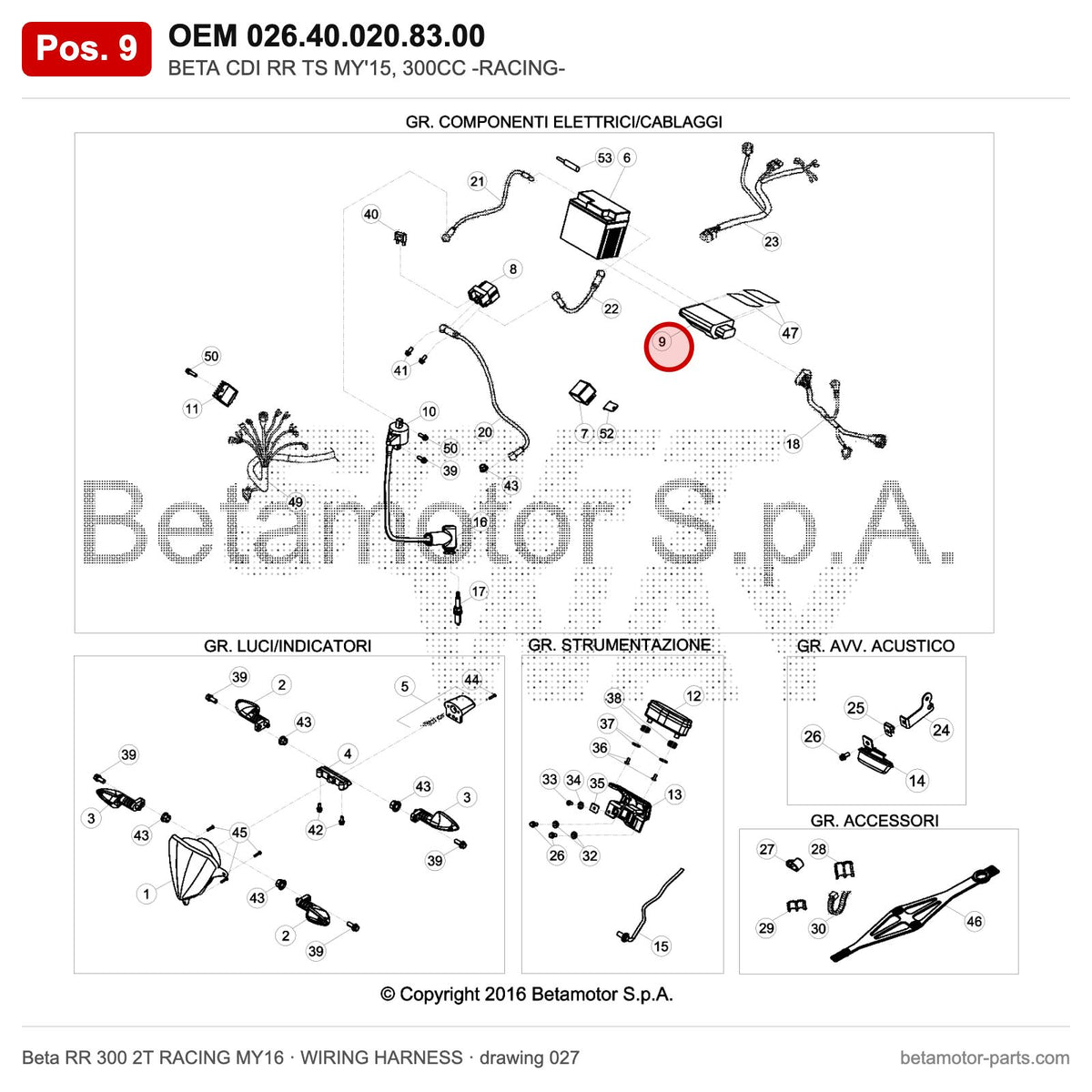 BETA CDI RR TS MY'15, 300CC -RACING- – OEM 026.40.020.83.00, position 9 on the Beta RR 300 2T RACING MY16 wiring harness drawing