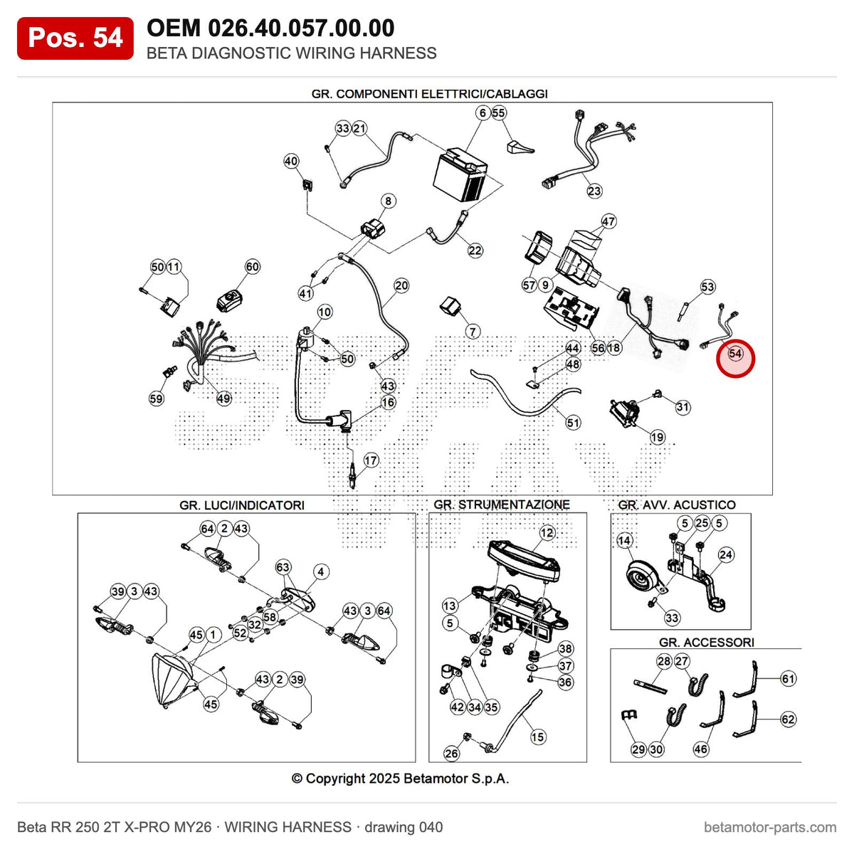 BETA DIAGNOSTIC WIRING HARNESS – OEM 026.40.057.00.00, position 54 on the Beta RR 250 2T X-PRO MY26 wiring harness drawing