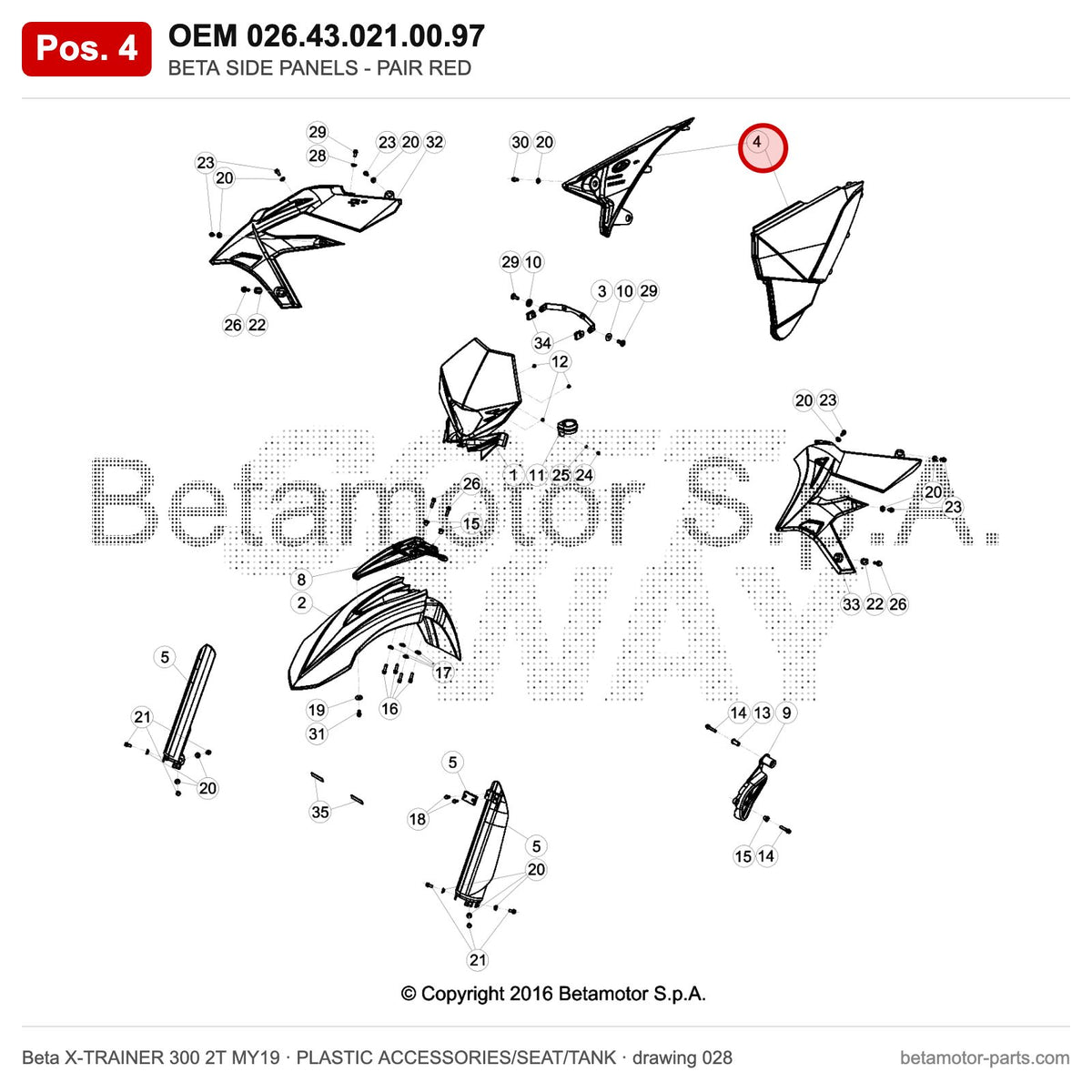 BETA SIDE PANELS - PAIR RED – OEM 026.43.021.00.97, position 4 on the Beta X-TRAINER 300 2T MY19 plastic accessories/seat/tank drawing