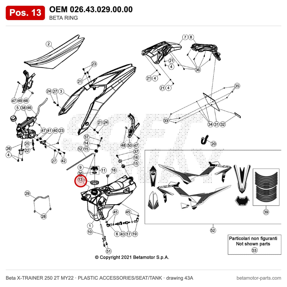 BETA RING – OEM 026.43.029.00.00, position 13 on the Beta X-TRAINER 250 2T MY22 plastic accessories/seat/tank drawing
