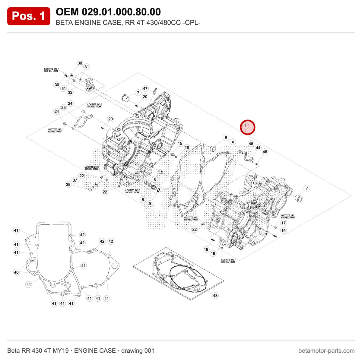 BETA ENGINE CASE, RR 4T 430/480CC -CPL- – OEM 029.01.000.80.00, position 1 on the Beta RR 430 4T MY19 engine case drawing