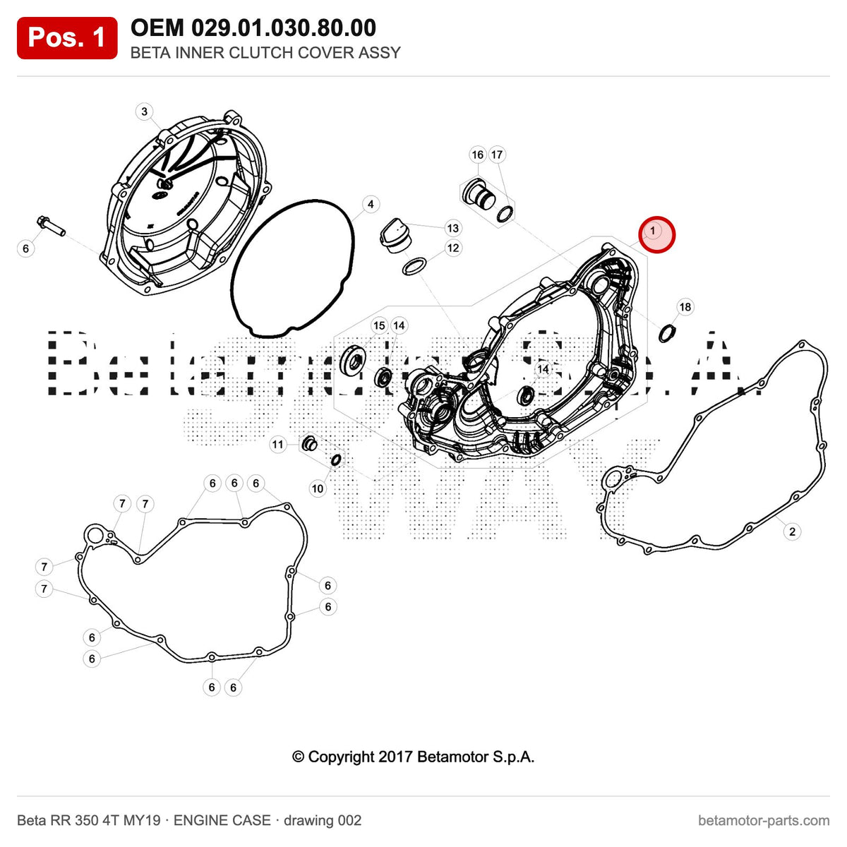 BETA INNER CLUTCH COVER ASSY – OEM 029.01.030.80.00, position 1 on the Beta RR 350 4T MY19 engine case drawing
