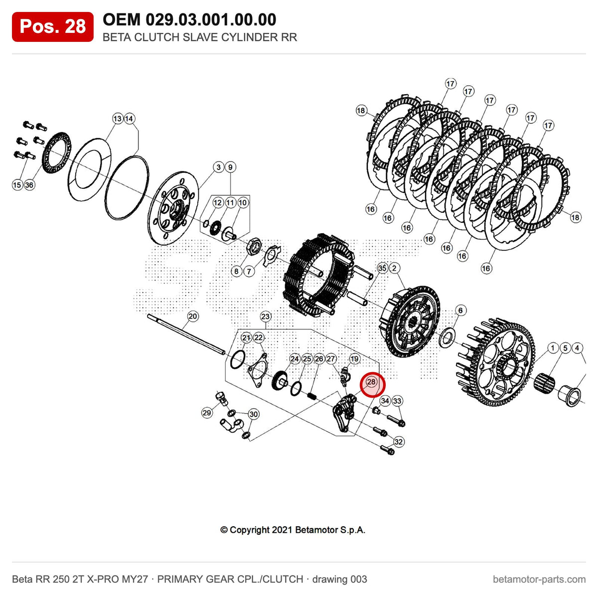 BETA CLUTCH SLAVE CYLINDER RR – OEM 029.03.001.00.00, position 28 on the Beta RR 250 2T X-PRO MY27 primary gear cpl./clutch drawing
