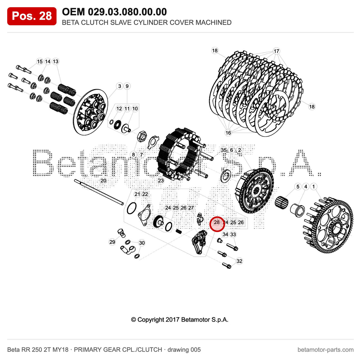 BETA CLUTCH SLAVE CYLINDER COVER MACHINED – OEM 029.03.080.00.00, position 28 on the Beta RR 250 2T MY18 primary gear cpl./clutch drawing
