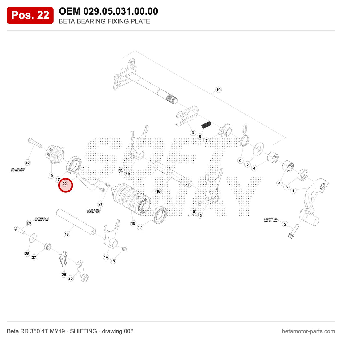 BETA BEARING FIXING PLATE – OEM 029.05.031.00.00, position 22 on the Beta RR 350 4T MY19 shifting drawing