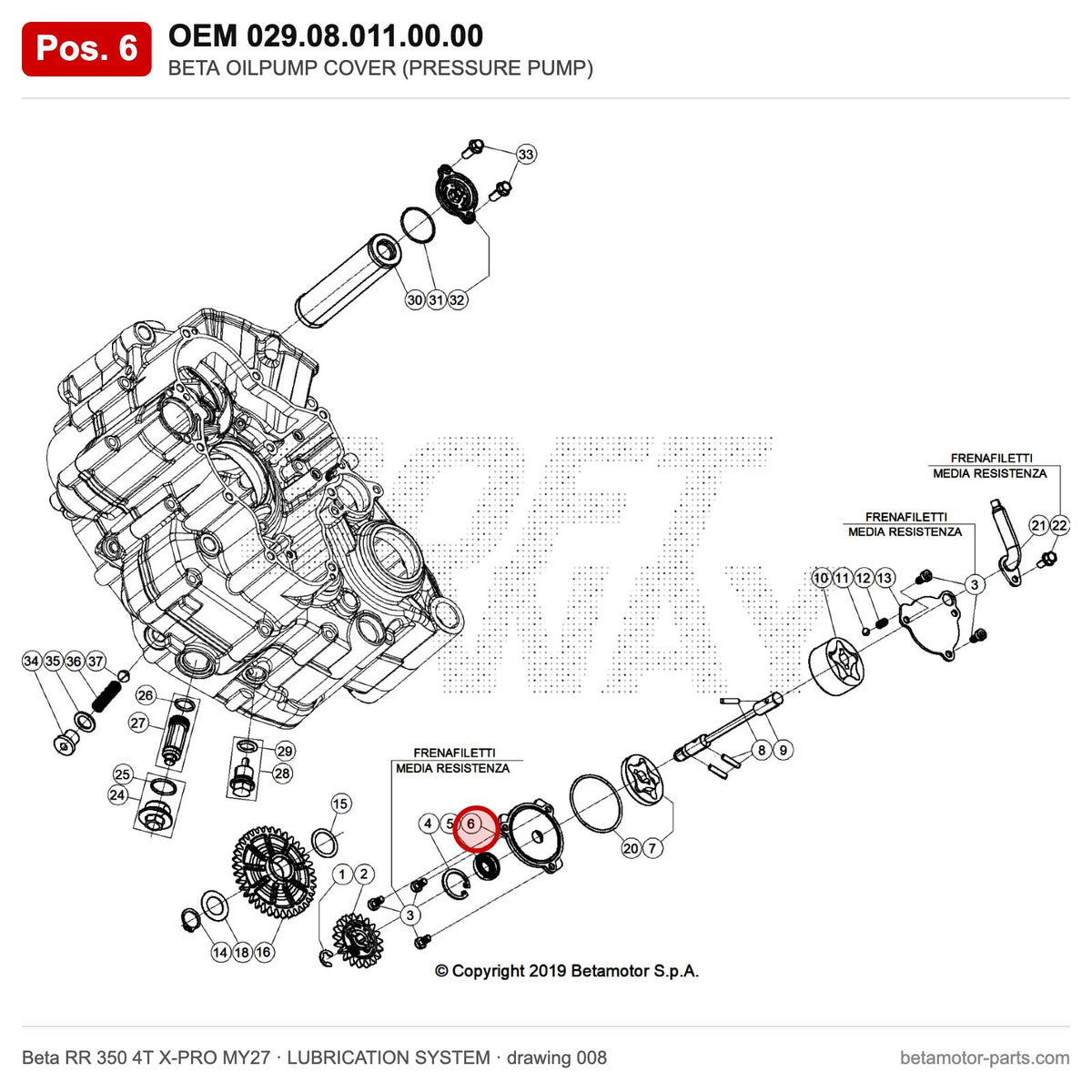 BETA OILPUMP COVER (PRESSURE PUMP) – OEM 029.08.011.00.00, position 6 on the Beta RR 350 4T X-PRO MY27 lubrication system drawing
