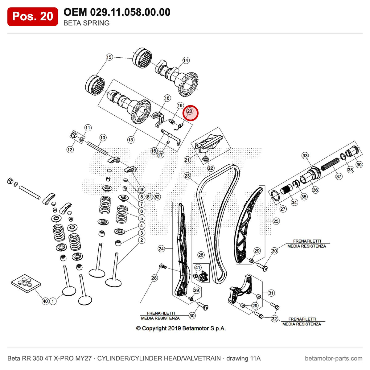 BETA SPRING – OEM 029.11.058.00.00, position 20 on the Beta RR 350 4T X-PRO MY27 cylinder/cylinder head/valvetrain drawing